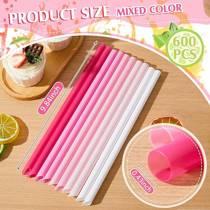 Tessco for you Jumbo Smoothie Straws Bulk Large Plastic Disposable Bubble Tea Straws Wide-Mouthed Individually Wrapped for Tall Homemade Milkshakes Drinking(9.84 Inch,Pink,600 Pcs)