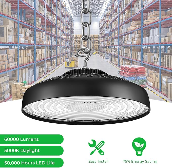 2 Pack 400W UFO LED High Bay Light, 60000LM 5000K Daylight, Replaces 1600W MH/HPS, for Warehouse, Workshop, Gym, Stadium, Industrial & Commercial Lighting Non-dimmable
