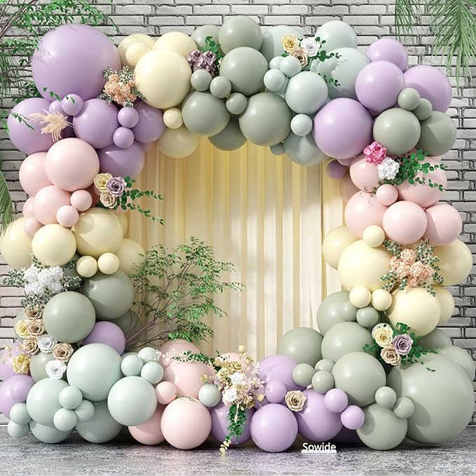 Pink Purple Green Balloon Arch Kit, 122Pcs Dusty Pink Light Green Macaron Yellow Pastel Balloons for Kids Girl Flower Party Decorations Spring Baby Shower Wedding Engagement Fairy Birthday Supplies