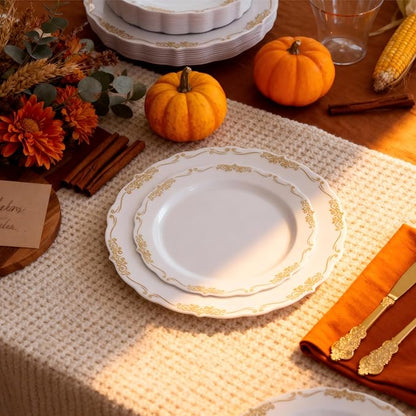 U-QE 100PCS Gold Thanksgiving Plates Disposable - Heavy Duty White and Gold Plates Including 50PCS 10'' Dinner & 50PCS 7.5'' Dessert Plates Perfect for Upscale Party, Wedding