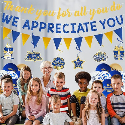 DARUNAXY Blue Gold We Appreciate You Decorations, Thank You All You Do Banner Hanging Swirl Confetti Balloons for Retirement Office Coworker Staff Teachers Nurse Appreciation Gifts Party Supply