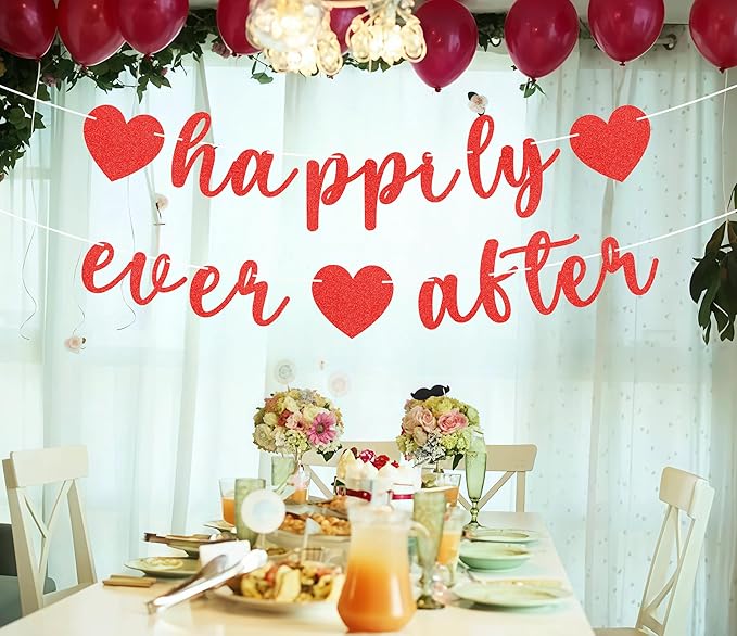 Pre-Strung Happily Ever After Banner - Red Glitter Bachelorette Bridal Engagement Party Decoration Supplies, Bachelorette Wedding Party Banner for Bridal Shower or Engagement Party Photo Booth Props