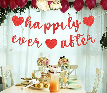 Pre-Strung Happily Ever After Banner - Red Glitter Bachelorette Bridal Engagement Party Decoration Supplies, Bachelorette Wedding Party Banner for Bridal Shower or Engagement Party Photo Booth Props