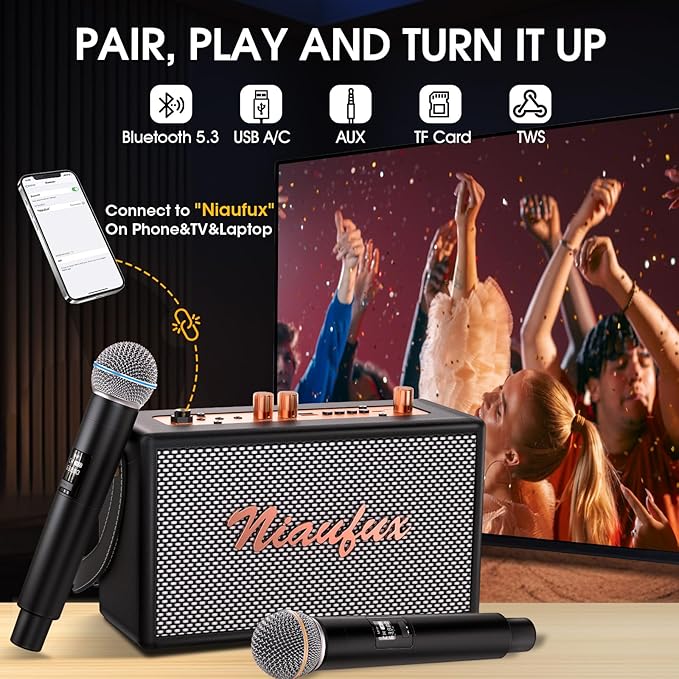Karaoke Machine, Retro-Design Speaker with 2 Wireless Microphones for Adults & Kids, Portable Karaoke System for Home Party, Bluetooth/AUX/USB/TF/TWS Support, Gifts for Women & Girls
