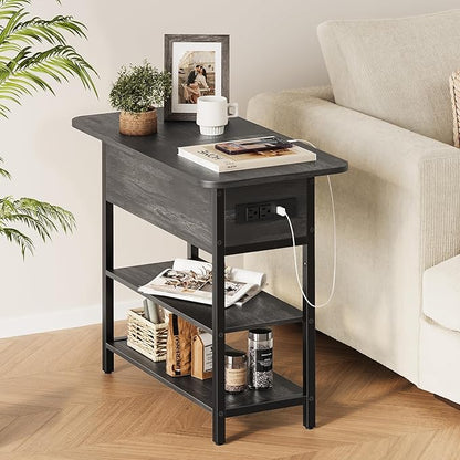 Yoobure End Table with Charging Station, Flip Top Side Table with USB Ports and Outlets, Sofa Couch Table Bedside Table for Living Room Bedroom, Narrow Nightstand with Storage Shelves for Small Space