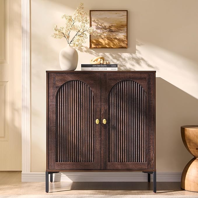 Modern Buffet Cabinet with Storage, 34" Tall Fluted Arched Sideboard Cabinet w/Adjustable Shelves, Wooden Modular Coffee Bar for Dining Room, Kitchen, Living Room, Entryway, Brown