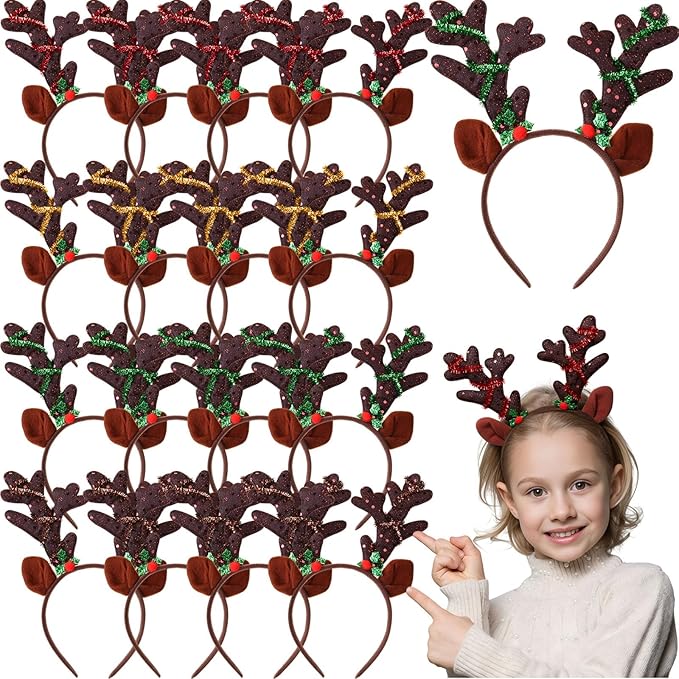 Zubebe 36 Pcs Christmas Reindeer Antlers Headband Deer Antlers Ears Hairbands with Glitter Sequins Christmas Photo Booth Props for Party Favors Cosplay Costume Supplies