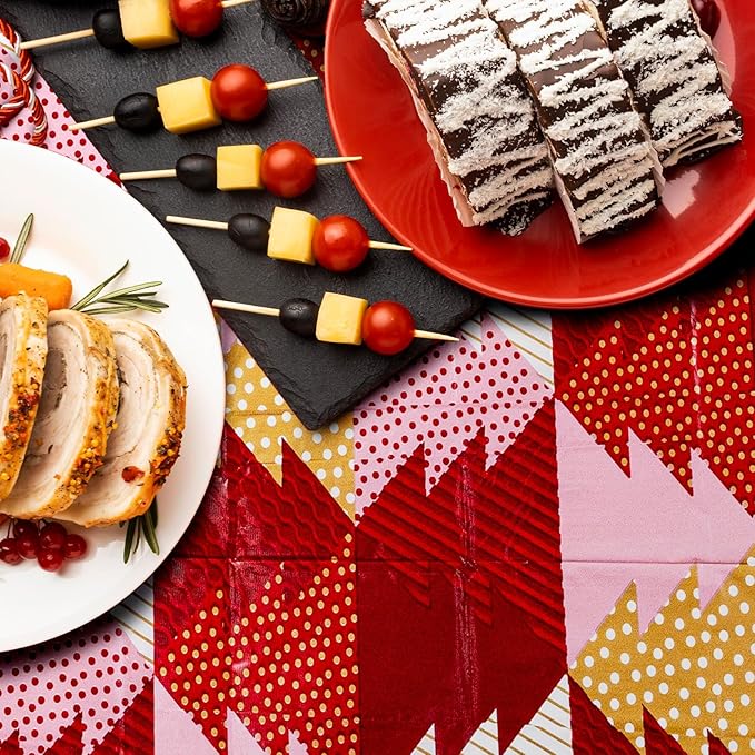 Christmas Tablecloth, 6-Pack Disposable Table Cloths, Red and Gold Christmas Tree Plastic Table Covers, 54 x 108 Inches, Xmas Party Decorations