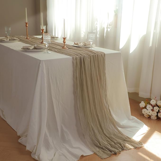 Snowkingdom 6PCS 10 FT Light Brown Cheesecloth Table Runner, 120 inch Long Tan Fall Thanksgiving Boho Rustic Gauze Sheer Runner for Wedding Baby Shower Birthday Holiday Party Table Decorations