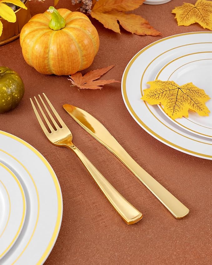 bUCLA 600 Pieces Gold Plastic Silverware - Disposable Gold Utensils - Heavyweight Plastic Cutlery set- 200 Forks, 200 Spoons, 200 Knives for Party & Thanksgiving