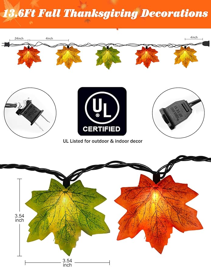 Fall String Lights Maple Leaf Lights, 13.6FT Outdoor String Lights Plug in with 35 Multicolor Maple Leaf Bulbs for Autumn Thanksgiving Christmas Indoor Outdoor Party Decor