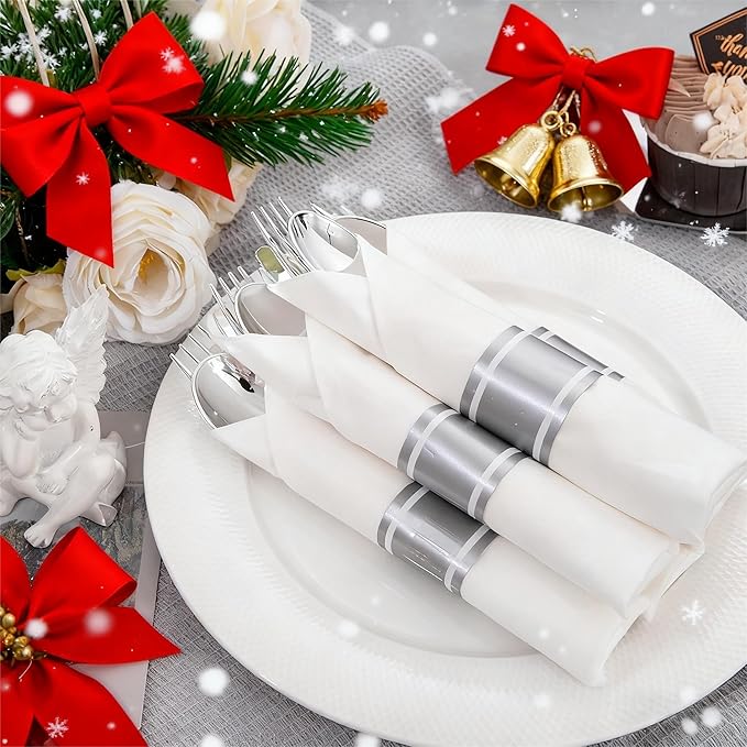 Liacere 100 Pack Silver Plastic Silverware-Pre Wrapped cutlery and Napkin-Pre Rolled Silverware Disposable 100 Forks, 100 Knives 100 Spoons, 100 Napkins Plastic Utensils＆Christmas＆New Year