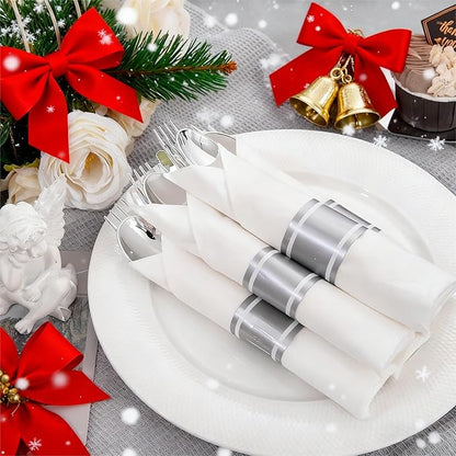 Liacere 100 Pack Silver Plastic Silverware-Pre Wrapped cutlery and Napkin-Pre Rolled Silverware Disposable 100 Forks, 100 Knives 100 Spoons, 100 Napkins Plastic Utensils＆Christmas＆New Year