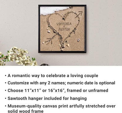 Let's Make Memories Personalized Canvas Wall Art For Couples - Engagement, Wedding, Newlyweds, Anniversary - Home Decor - Heart in Sand - Canvas - 16x16