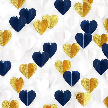 Navy-Blue White Gold 3D-Heart Garland - 39Ft Graduation Hanging Decoration Streamers Banner,Bridal Birthday Engagement Bachelorette Baby Shower Christmas Baby Shower Valentines Party Decor Ouruola