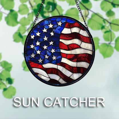 Stained Glass Window Hanging 4 Pcs Set Red Blue Flag Freedom Theme Large 15" - Suncatcher Door Garden Sun Catcher Decor Birthday Christmas for Mom Woman Nana Men Friend