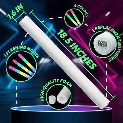 100 Pcs 18.5 inch Foam Glow Sticks Bulk, 4 Color LED Light Foam Sticks, Glow In The Dark Party Supplies, 3 Modes Colorful Flashing for Birthday Wedding Easter Halloween Christmas