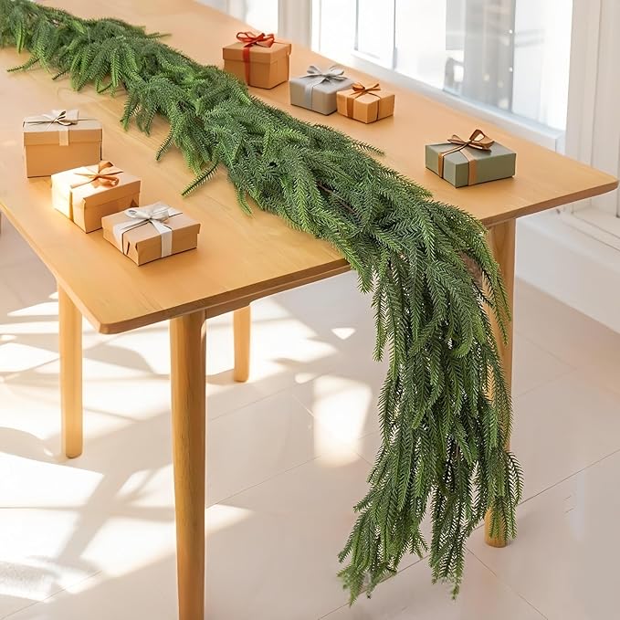 2 Pcs Norfolk Pine Garland,12FT(2 * 6FT) Real Touch Christmas Garland Artificial Greenery Garland for Mantle,Table, Wall, Indoor, Outdoor Christmas Decorations