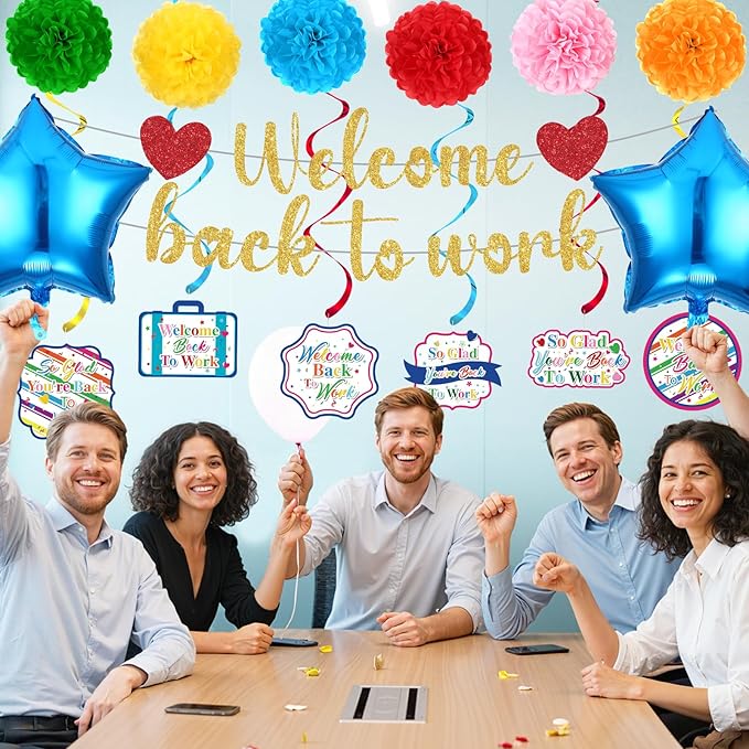 15pcs Welcome Back to Work Decorations for Office Colorful So Glad You're Back To Work Banner Hanging Swirls Balloons Pompoms for Office Work Anniversary Decor for Home, Office Party Supplies