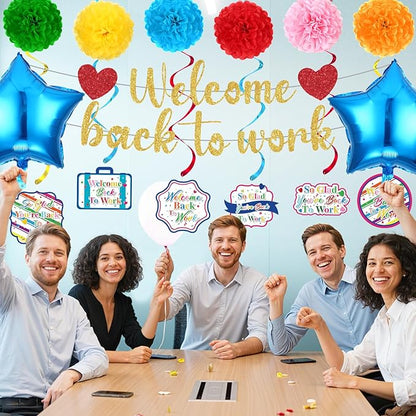 15pcs Welcome Back to Work Decorations for Office Colorful So Glad You're Back To Work Banner Hanging Swirls Balloons Pompoms for Office Work Anniversary Decor for Home, Office Party Supplies