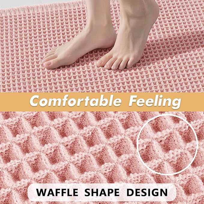 MIULEE Set of 2 Waffle Bathroom Rugs, Boho Bath Rugs Non Slip Washable, Super Absorbent Bath Mats, Ultra Soft Rubber Backed Shower Mats for Bathroom Floor, Tub and Shower, Pink, 17x24 Inch