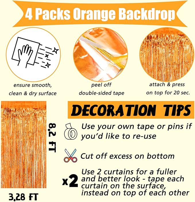 4 Pack Orange Fringe Curtain Backdrop, 3.2Ft x 8.2Ft Metallic Tinsel Foil Fringe Streamers Background for Photo Booth Birthday Wedding Baby Shower Party Thanksgiving Christmas Decorations
