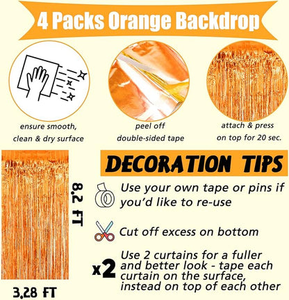 4 Pack Orange Fringe Curtain Backdrop, 3.2Ft x 8.2Ft Metallic Tinsel Foil Fringe Streamers Background for Photo Booth Birthday Wedding Baby Shower Party Thanksgiving Christmas Decorations