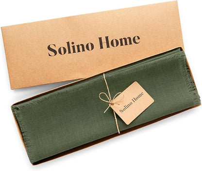 Solino Home Linen Fringe Cloth Placemats Set of 4-100% Pure Linen Desert Green Placemats 14 x 19 Inch for Fall, Autumn, Christmas, Winter, New Year