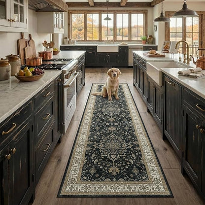 Area Rugs 2'x8' Runner Rug Non Slip Washable for Kitchen Hallway Bedroom Beside Laundry Room Bathroom Rug, Floor Carpet, Vintage Black Brown Neutral