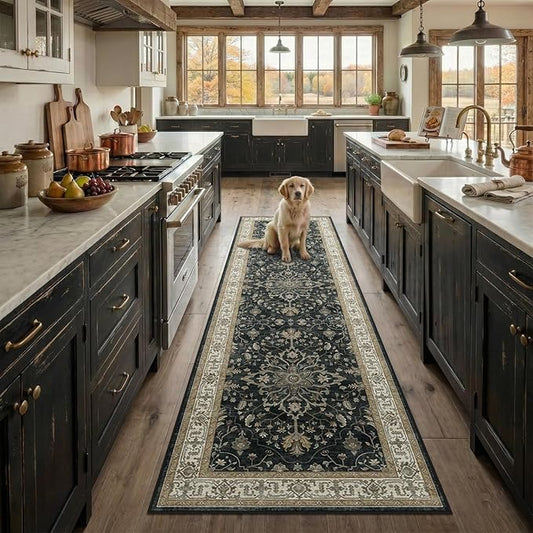Area Rugs 2'x8' Runner Rug Non Slip Washable for Kitchen Hallway Bedroom Beside Laundry Room Bathroom Rug, Floor Carpet, Vintage Black Brown Neutral