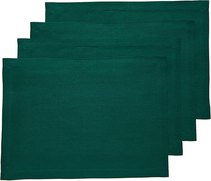 Solino Home Linen Placemats Set of 4 - Rainforest Green Placemats 14 x 19 Inch - 100% Pure Linen Table Place Mats - Fete - Christmas, Winter, New Year
