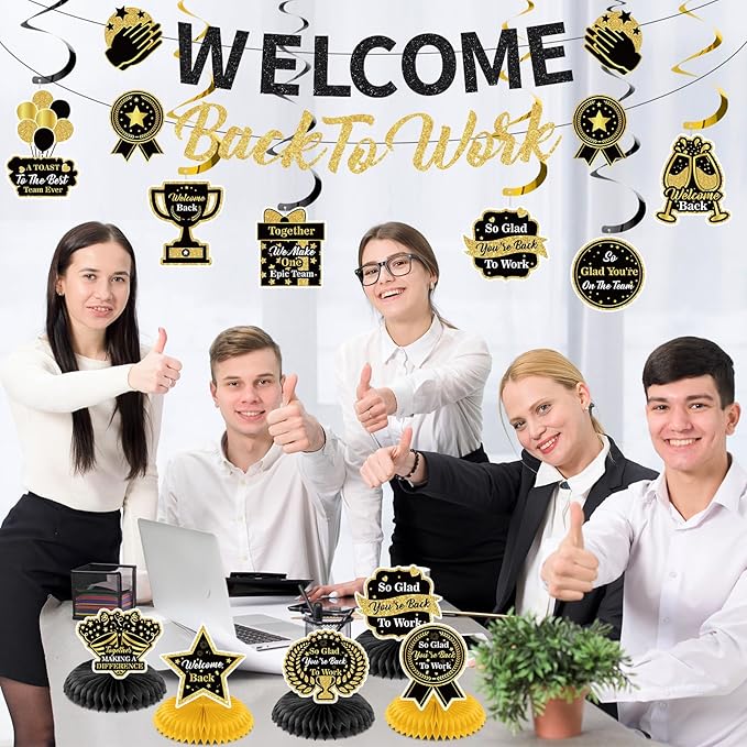 12pcs Welcome Back to Work Decorations Office Black Gold So Glad You're Back To Work Banner and Hanging Swirls Table Centerpieces Office Party Supplies for Indoors Outdoors
