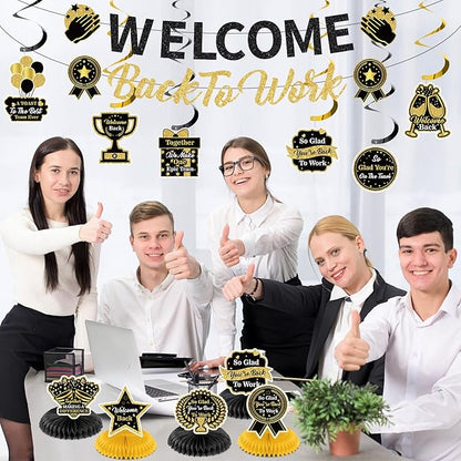 12pcs Welcome Back to Work Decorations Office Black Gold So Glad You're Back To Work Banner and Hanging Swirls Table Centerpieces Office Party Supplies for Indoors Outdoors