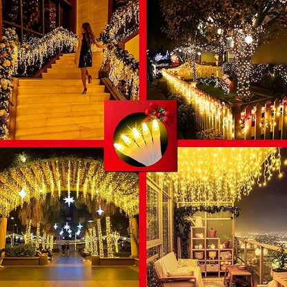 1332 LED 132FT Christmas Lights with 296 Drops, 12 Modes Dimmable Warm white Outdoor Hanging Lights with Timer Memory, Waterproof Curtain Lights for Home Bedroom Indoor Tree Window Roof Fence Wedding