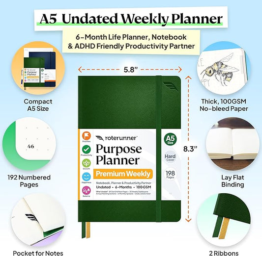 Roterunner Purpose Planner Notebook A5 5.8”x8.3” Undated 2026 Daily Weekly and Monthly Productivity Goal Setting Tool for Work Home ADHD Planner for Adults Self Care Journal (Green Hardcover)
