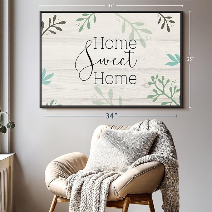 Elephant Stock Home Sweet Home Foliage Wall Art - Horizontal Floating Framed Canvas - 1-Piece Living Room Wall Decor - Leaf Digital Art Canvas Print - Beige and Black Decor for Wall by Susan Jill - 37" X 25"
