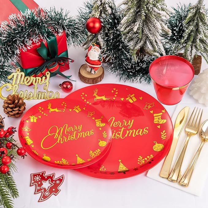 Ciaell 175 Pieces Christmas Plastic Plates - Red and Gold Plastic Plates include 25Dinner Plate, 25Dessert Plate, 25Knives, 25Forks, 25Spoons, 25cups, 25 Christmas Napkins for Xmas Party