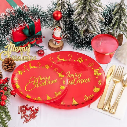 Ciaell 175 Pieces Christmas Plastic Plates - Red and Gold Plastic Plates include 25Dinner Plate, 25Dessert Plate, 25Knives, 25Forks, 25Spoons, 25cups, 25 Christmas Napkins for Xmas Party
