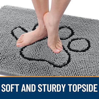 OLANLY Dog Door Mat for Muddy Paws 70x46, Paw Print Design, Absorbs Moisture and Dirt, Absorbent Non-Slip Washable Doormat, Quick Dry Chenille Mud Mat for Dogs, Entry Indoor Entryway Carpet, Grey