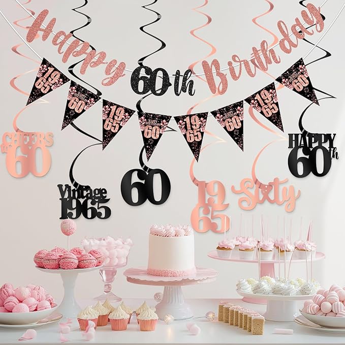 60th Birthday Decorations for Women, Black Rose Gold Happy 60th Birthday Banner Hanging Swirls Vintage 1965 Decorations Kit Cheers to 60 Party Supplies
