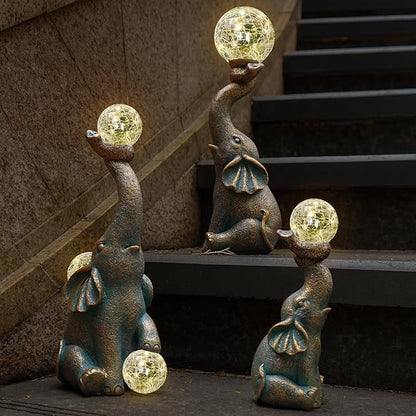 MININOVA Garden Decor Outdoor Statues Elephant with Cracked Glass Balls, Cute Solar Figurine for Patio, Lawn, Yard Art Ornament Decorations (15 LED Lights)