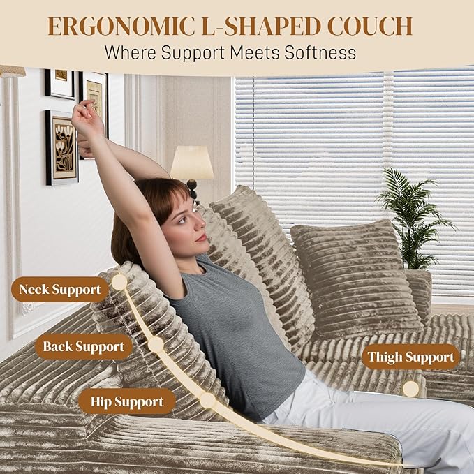 108" L Shaped Boneless Sectional Couches for Living Room, Comfy Corduroy Floor Cloud Sofa with Chaise, Wide Armrest, Deep Seat, Memory Foam, Assembly Free, Ideal for Small Spaces, Brown