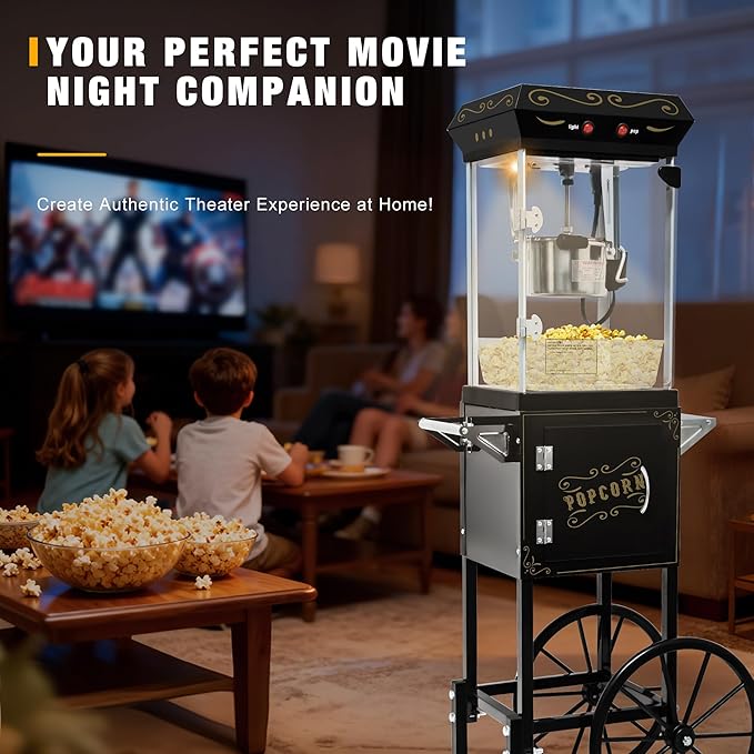 Movie Theater Popcorn Maker Machine, Professional with 8oz Kettle & Cart Makes 32 Cups, Vintage Style on Wheels for Home & Commercial Use, Includes shovel & spoon, Black