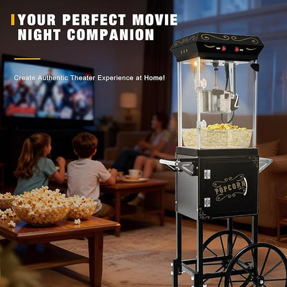 Movie Theater Popcorn Maker Machine, Professional with 8oz Kettle & Cart Makes 32 Cups, Vintage Style on Wheels for Home & Commercial Use, Includes shovel & spoon, Black