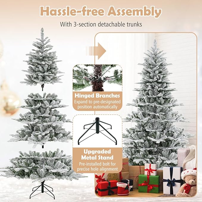 GOFLAME 7FT Pre-Lit Christmas Tree Snow Flocked, Hinged Artificial Xmas Tree with 1119 Branch Tips, 620 Cold White LED Lights, 3 Lighting Modes, Timer, Remote, Holiday Decoration Tree for Home Party