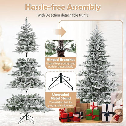 GOFLAME 7FT Pre-Lit Christmas Tree Snow Flocked, Hinged Artificial Xmas Tree with 1119 Branch Tips, 620 Cold White LED Lights, 3 Lighting Modes, Timer, Remote, Holiday Decoration Tree for Home Party