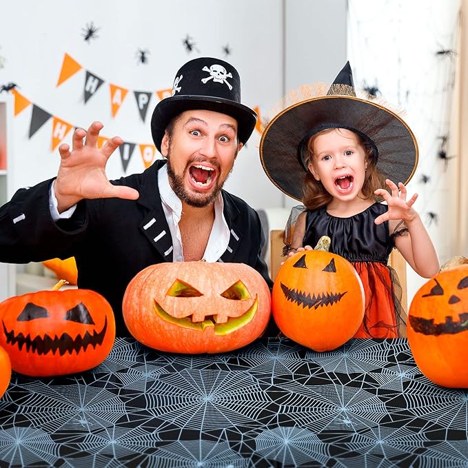 Halloween Tablecloths - 6-Pack Disposable Spider Web Plastic Table Covers, 54 x 108 Inches, Party Decorations