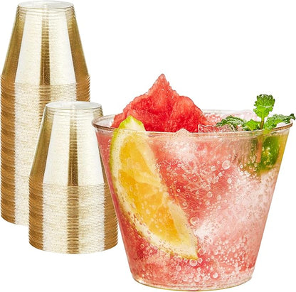 RACETOP 100 Pack 9 oz Gold Plastic Cups Tumbler, Disposable Cups with Gold Glitter for Party, Heavy-duty Clear Plastic Wine Glasses, Disposable Wedding Cups