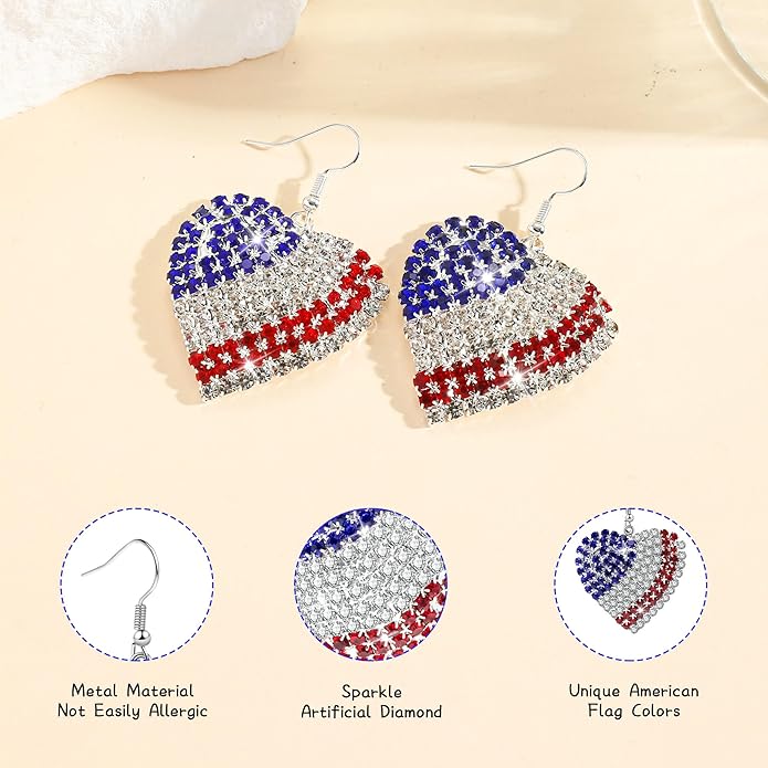 4th of July Independence Day Patriotic Earring for Women American Flag Dangle Earrings Patriotic Red White Blue USA Earring, Pave Crystal Stud