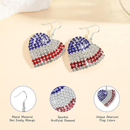 4th of July Independence Day Patriotic Earring for Women American Flag Dangle Earrings Patriotic Red White Blue USA Earring, Pave Crystal Stud